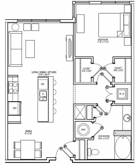 Floor plan for 1 bed, 1 bath, 857 sqft
